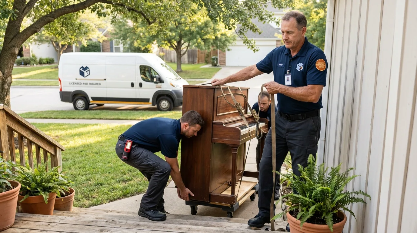 Licensed piano movers securing grand piano in Brookhaven, NY